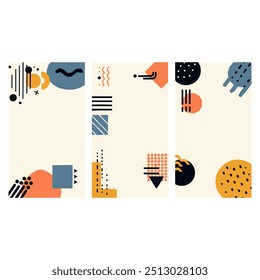 Elevate your digital project with abstract geometric patterns in pastel colors. Three vertical panels of minimalist shapes, lines, and dots offer a modern, eye catching design perfect for social media