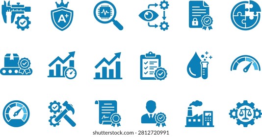 Elevate your enterprise software systems and management platforms with this professional collection of quality control and industrial compliance icons. Designed in a crisp, modern blue tone, this high-quality vector set illustrates vital operations for monitoring regulatory standards and manufacturing efficiency. The collection includes geometric symbols for precision measurement, security certificates, process observation, production line checking, lab analytics, performance gauges, factory operations, and legal balance gears. Perfectly optimized for corporate dashboards, supply chain platforms, business intelligence software, and presentation slides, these intuitive graphics provide clean visual cues for modern workflows.

#QualityControl #IndustrialCompliance #ManufacturingIcons #DashboardDesign #QualityAssurance #UIUXIcons #VectorGraphics #ProductionMetrics #BusinessIntelligence #RegulatoryStandards