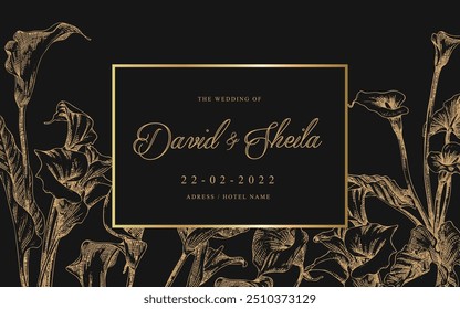 Eleve su evento con nuestro diseño de invitación de boda floral negro y dorado con elegantes lirios calla. Este diseño lujoso y sofisticado ofrece un toque artístico de alto contraste