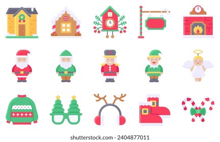 Elevate your festive designs with our Christmas flat icon set. This collection features a variety of holiday-themed Santa elf and gnome vectors