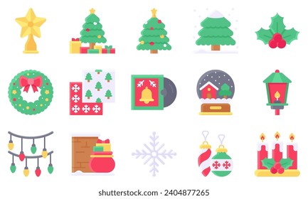 Elevate your festive designs with our Christmas icon set. This collection features a variety of holiday-themed vectors such as pine tree, wreath, lamp and decorations