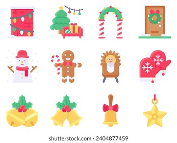 Elevate your festive designs with our Christmas icon flat design set. This collection features a variety of holiday-themed vectors for decoration such as Jesus cradle and bell