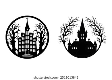 Elevate your Halloween Designs with this spooky vector art Illustration set featuring Silhouette Halloween Spooky Ghost Haunted House With Silhouette. Perfect for invitations, t shirt design and more.