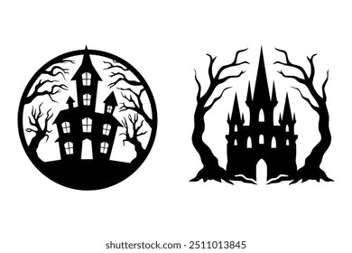 Elevate your Halloween Designs with this spooky vector art Illustration set featuring Silhouette Halloween Spooky Ghost Haunted House With Silhouette. Perfect for invitations, t shirt design and more.