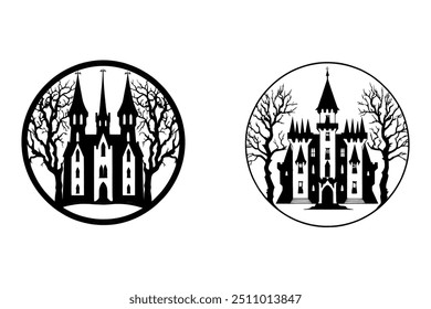 Elevate your Halloween Designs with this spooky vector art Illustration set featuring Silhouette Halloween Spooky Ghost Haunted House With Silhouette. Perfect for invitations, t shirt design and more.