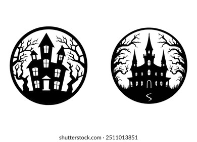 Elevate your Halloween Designs with this spooky vector art Illustration set featuring Silhouette Halloween Spooky Ghost Haunted House With Silhouette. Perfect for invitations, t shirt design and more.