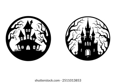 Elevate your Halloween Designs with this spooky vector art Illustration set featuring Silhouette Halloween Spooky Ghost Haunted House With Silhouette. Perfect for invitations, t shirt design and more.