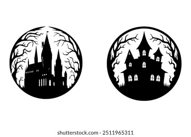 Elevate your Halloween designs with this spooky vector art Illustration set featuring Silhouette Halloween Spooky Ghost Haunted House. Perfect for invitations, t shirt design and more.