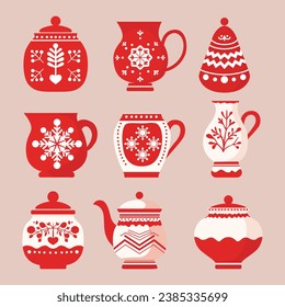 Elevate your holiday design with our Christmas-themed vector set featuring hot drinks, teapots, and kitchen essentials in festive style.