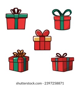 Elevate your holiday designs with this festive vector illustration featuring five Christmas presents on a solid background. Perfect for cards, banners, and more! 