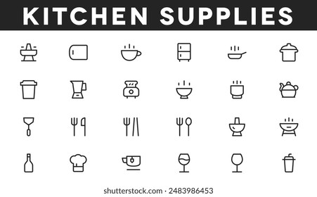 Elevate your kitchen essentials with our icon set, featuring everything from teapots and vacuum cups to juicers and refrigerators. Utensils like forks, spoons, and chopsticks complete