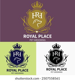 Elevate your pet grooming business with this elegant "Royal Place Pet Grooming" logo. This design combines sophistication and charm, featuring a regal crown symbolizing luxury and high-quality service