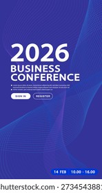 Eleve su evento profesional con este elegante Anuncio de conferencia de negocios. Un fondo degradado azul y morado moderno con líneas de onda futuristas, ideal para cumbres corporativas y seminarios digitales.