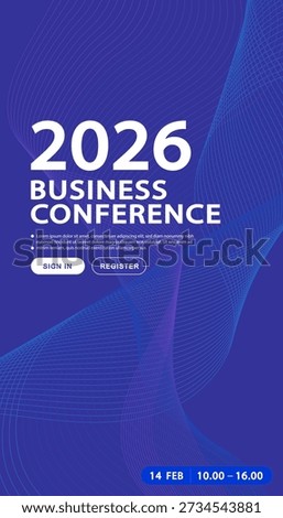 Elevate your professional event with this sleek business conference banner. A modern blue and purple gradient background featuring futuristic wave lines, ideal for corporate summits and digital seminars.