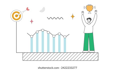 Elevate your project with a dynamic vector illustration featuring a male character, arrow, trophy, graph, and Memphis-inspired design.