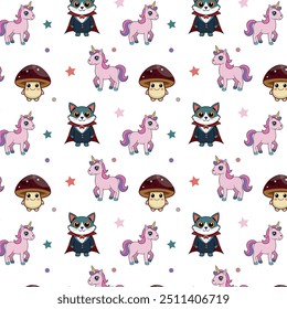 Elevate your projects with our seamless pattern showcasing a whimsical children's theme with a unicorn, cat, and mushroom