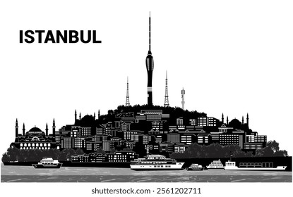 Elevate your projects with this detailed vector silhouette of Istanbul's skyline from the lake ideal for posters, prints, and digital designs celebrating the city's beauty