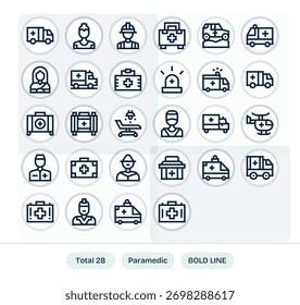 Mejora tu interfaz de usuario con 28 iconos de Bold Line inspirados en Paramedic, optimizados para la legibilidad y el equilibrio.