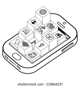 Elevated black and white apps coming out of smartphone.