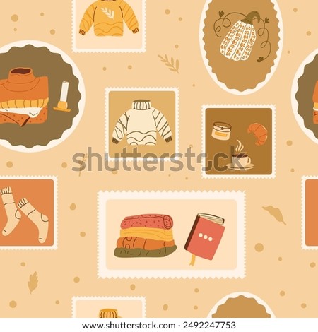Elevated cozy rest checked seamless pattern. Autumn and winter activity repeat background. Reading and sweaters weather concept retro stamps endless design. Vector hand drawn illustration.