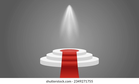 Elevated Elegance: Circular Podiums Adorned with Luxurious Red Carpets. Striking Pedestals Illuminated by Brilliant Spotlights for Emphasis. Captivating Vector Illustration Perfect for Showcasing, Pre