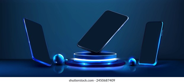 Elevated Gadgets in Blue Neon Glow: Futuristic Tech Display. Modern devices hover above a luminous platform, casting a dynamic neon blue light, depicting cutting-edge wireless technology. Vector