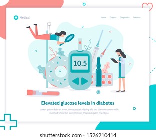 Elevated glucose level and therapy with injections of insulin. Creative landing page design template. Medicine diabetes concept. Flat vector illustration.