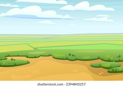 Ubicación elevada Vista general de la llanura con campos. Paisaje paisajístico. Divertido estilo de caricatura. Vector