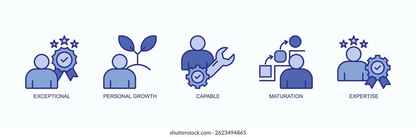 Elevated Potential Icon Set Isolated Vetor Com Ícone De Excepcional, Crescimento Pessoal, Capaz, Maturação, Experiência Em Estilo Azul