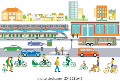 Ferrocarril elevado con tren expreso y autobús, tráfico por carretera, Ilustración