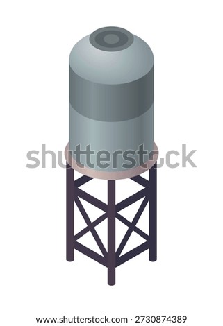 Elevated reservoir with steel framework, Gray cylindrical water tank on lattice tower, Illustration of elevated water reservoir on steel support with access and telemetry sensors