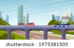 Elevated road junction and interchange overpass. City landscape with highways. Current traffic in modern city. Road infographics with highway with city transport. Roadway on background of skyscrapers