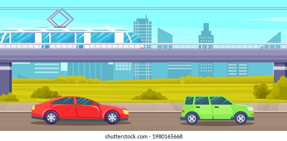 Elevated road junction and interchange overpass. City landscape with electric train on highways. Road infographics with highway, passenger transport, cars on road on background of skyscrapers