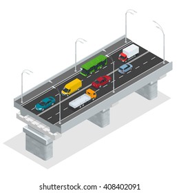 Elevated road junction and interchange overpass. Flat 3d isometric concept of the city with highways. Flowing traffic. Road infographics with highways with city transport