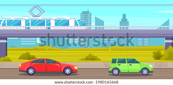 Elevated road junction and interchange\
overpass. City landscape with electric train on highways. Road\
infographics with highway, passenger transport, cars on road on\
background of\
skyscrapers