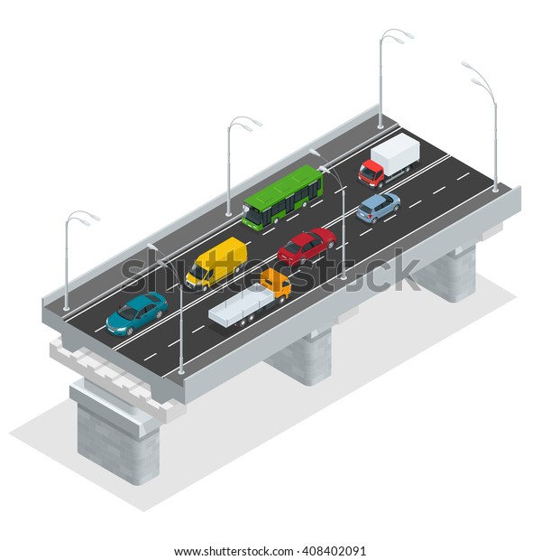 Elevated road junction and\
interchange overpass. Flat 3d isometric concept of the city with\
highways. Flowing traffic. Road infographics with highways with\
city transport