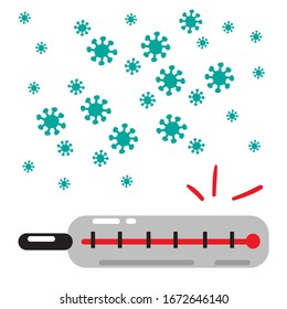 Temperatura elevada del coronavirus. El virus causa síntomas de fiebre y malestar. Ilustración plana de un termómetro y microorganismos. Ilustración bursátil en un aislado blanco.