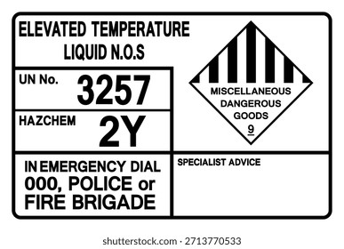 Sinal de símbolo UN 3257 líquido de temperatura elevada, ilustração de vetor, isolar no fundo branco, etiqueta. EPS10