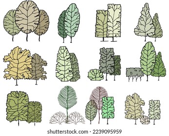 Elevated view of hand-drawn sketch trees (vector material)