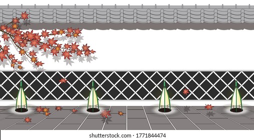 Elevated view of Japanese traditional sea cucumber wall with autumn leaves and bamboo lighting.