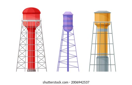 Elevated Water Tower or Tank Made of Metal for Storing Water Vector Set