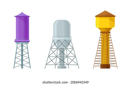 Elevated Water Tower or Tank Made of Metal for Storing Water Vector Set