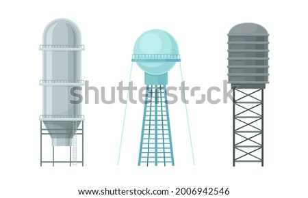 Elevated Water Tower or Tank Made of Metal for Storing Water Vector Set
