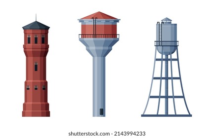 Elevated Water Tower with Tank as Water Supply Storage Vector Set