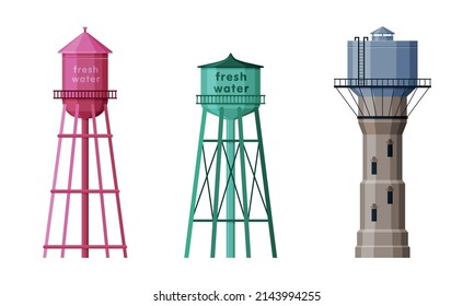 Elevated Water Tower and Tank as Water Supply Storage Vector Set