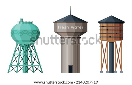 Elevated Water Tower with Tank as Water Supply Storage Vector Set