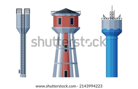 Elevated Water Tower with Tank as Water Supply Storage Vector Set