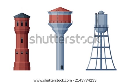 Elevated Water Tower with Tank as Water Supply Storage Vector Set