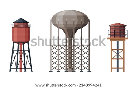 Elevated Water Tower with Tank as Water Supply Storage Vector Set