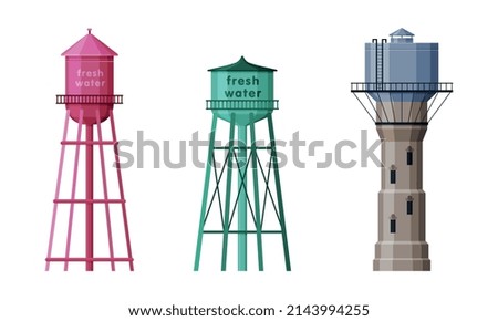 Elevated Water Tower with Tank as Water Supply Storage Vector Set